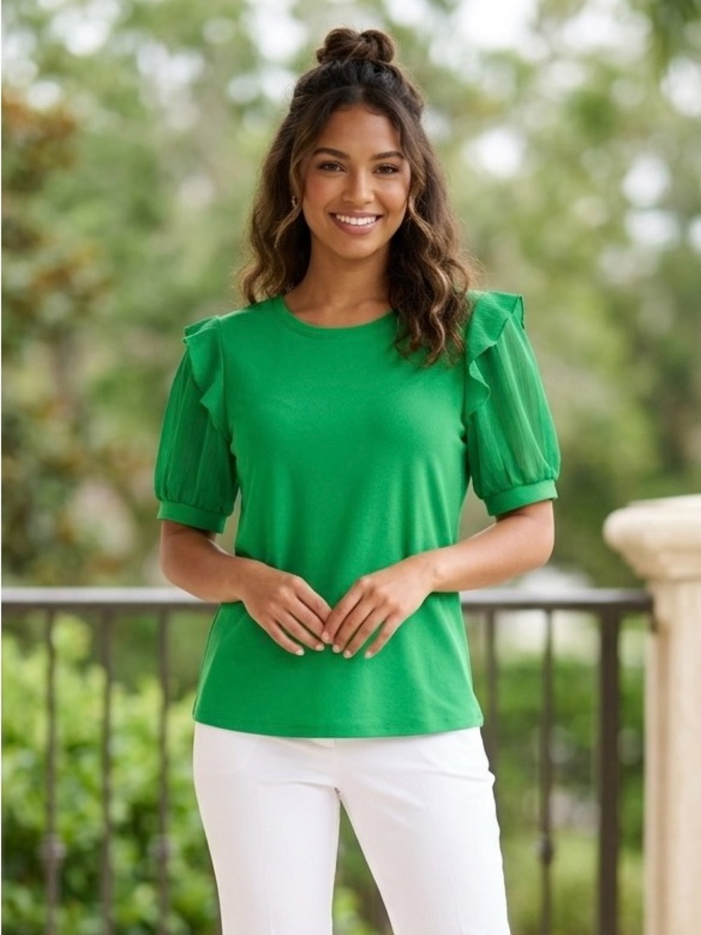 CeCe Kelly Green Ruffle Semi Sheer Flutter Sleeve Mixed Media Knit Top Blouse M